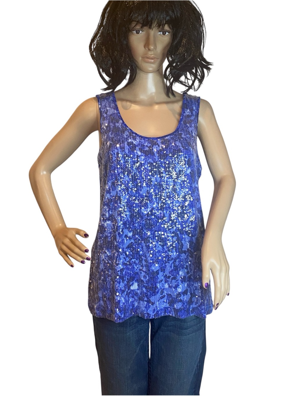 Ruby Rd. Shangri-La Blue Baltic Sequins Tank Top Shirt Camo Print Sz Medium EUC